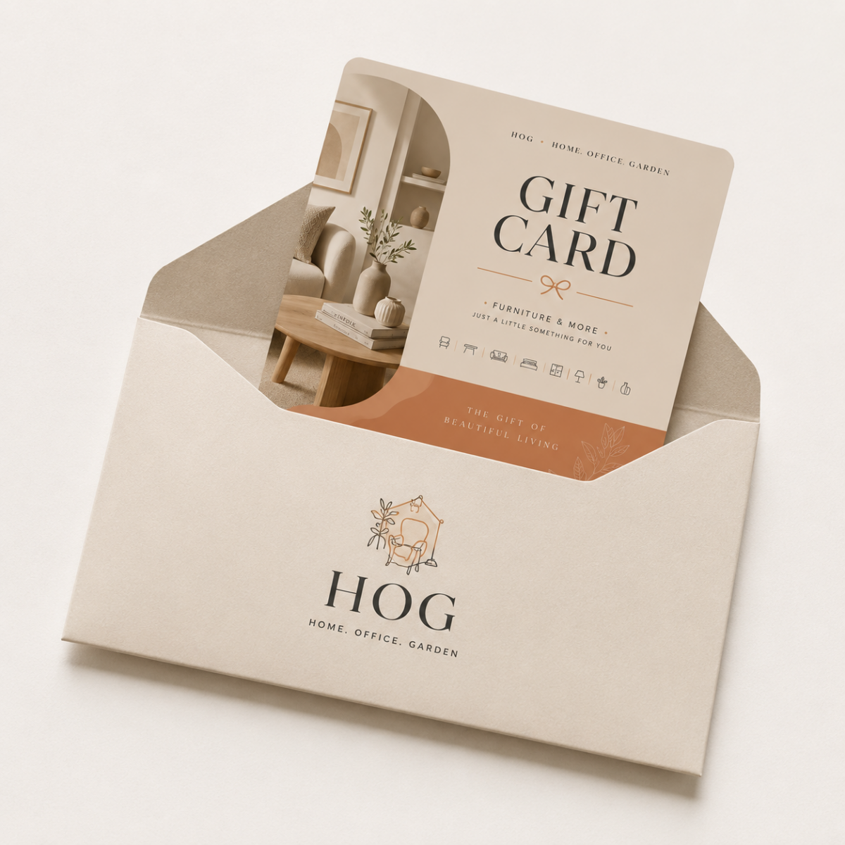 Elegant HOG Furniture gift card partially enclosed in a premium minimalist envelope presentation