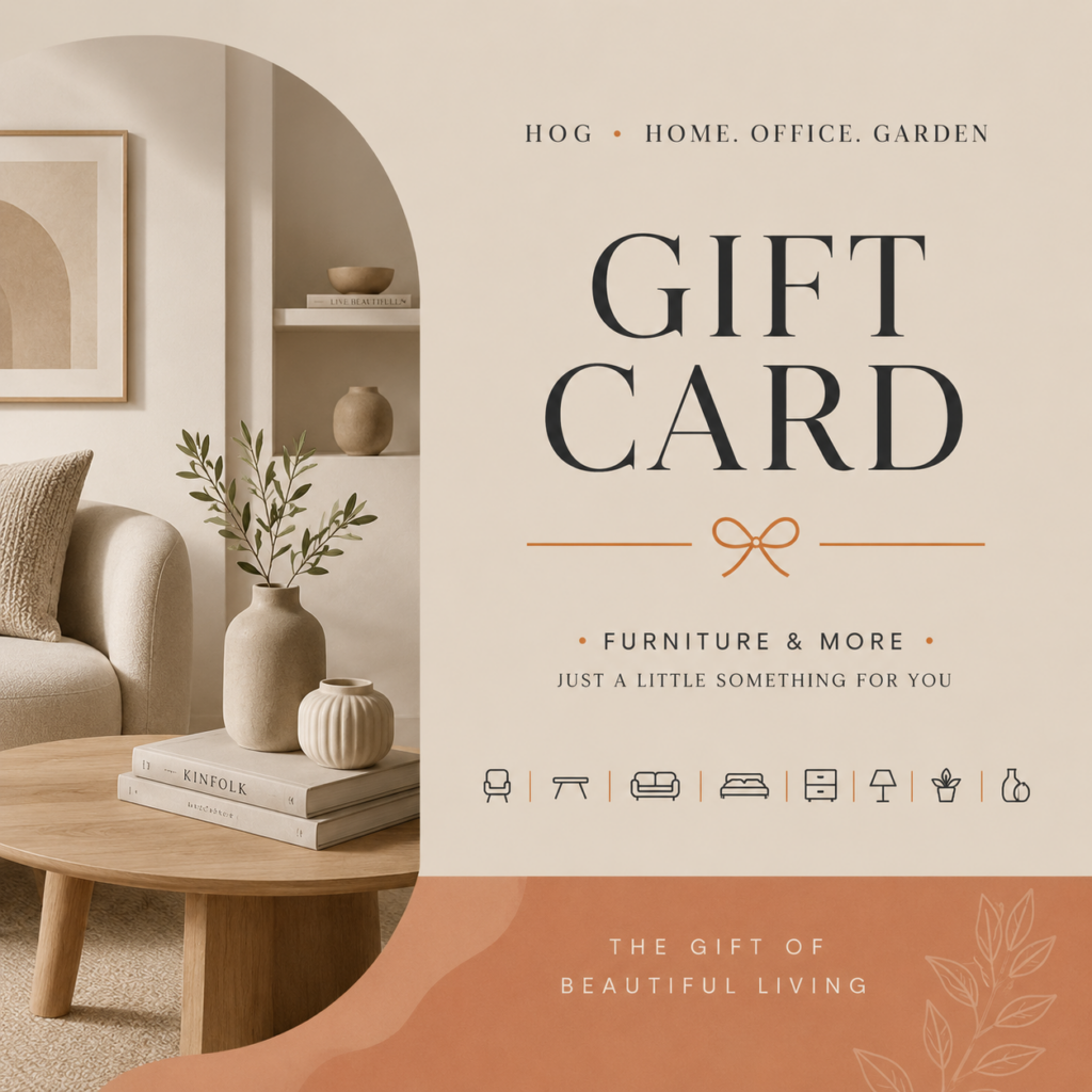 Elegant HOG Furniture gift card design featuring a modern lifestyle interior setting and minimalist premium typography