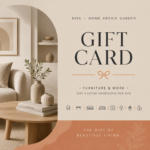 Elegant HOG Furniture gift card design featuring a modern lifestyle interior setting and minimalist premium typography