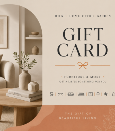Elegant HOG Furniture gift card design featuring a modern lifestyle interior setting and minimalist premium typography
