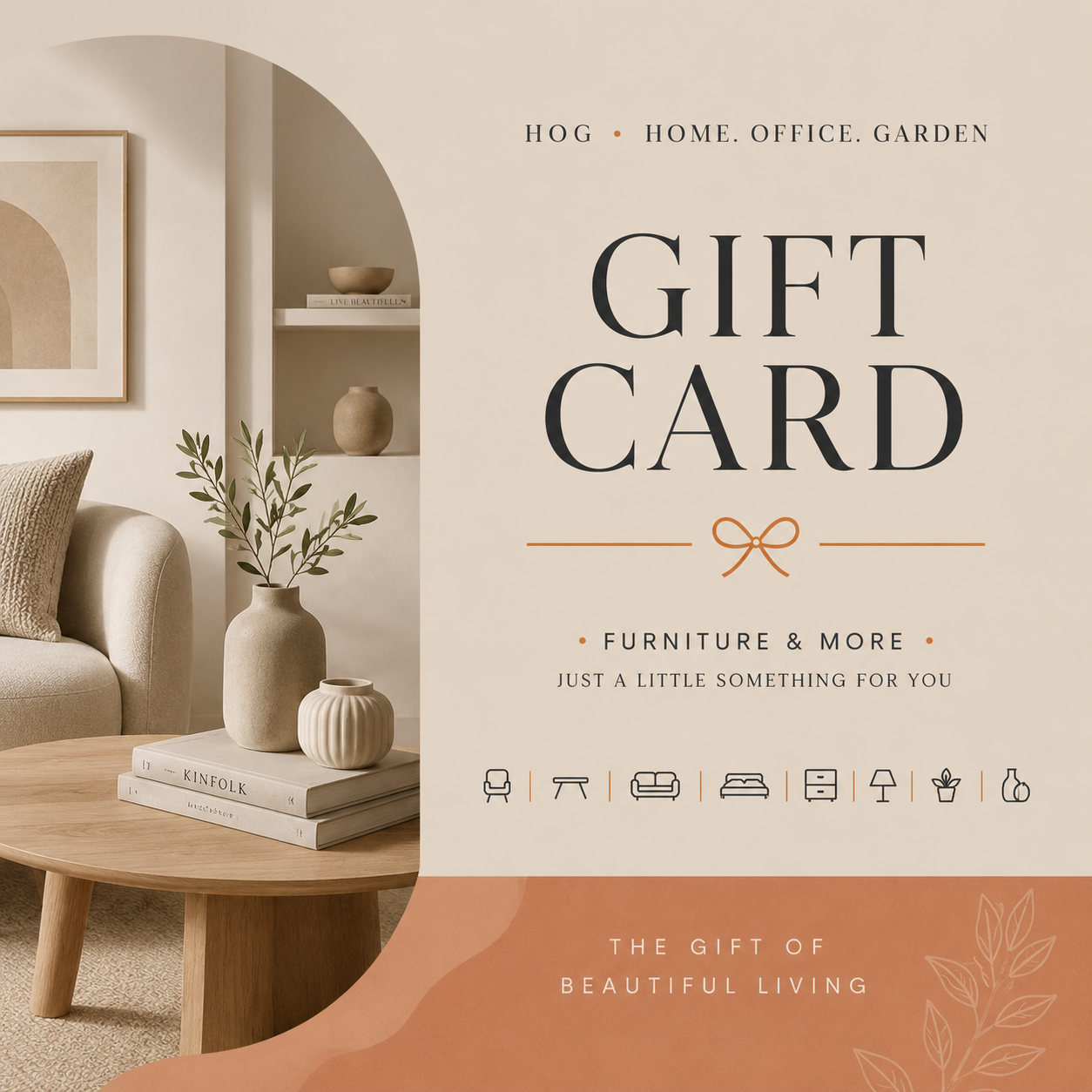 Elegant gift card for stylish living Elegant HOG Furniture gift card design featuring a modern lifestyle interior setting and minimalist premium typography