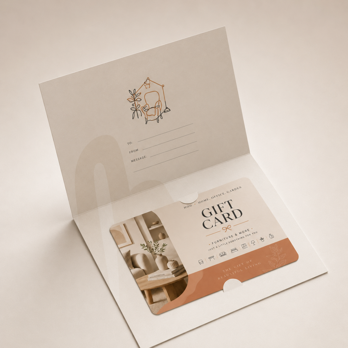 Minimalist HOG Furniture gift card presentation inside an elegant opened presentation card on a beige backdrop