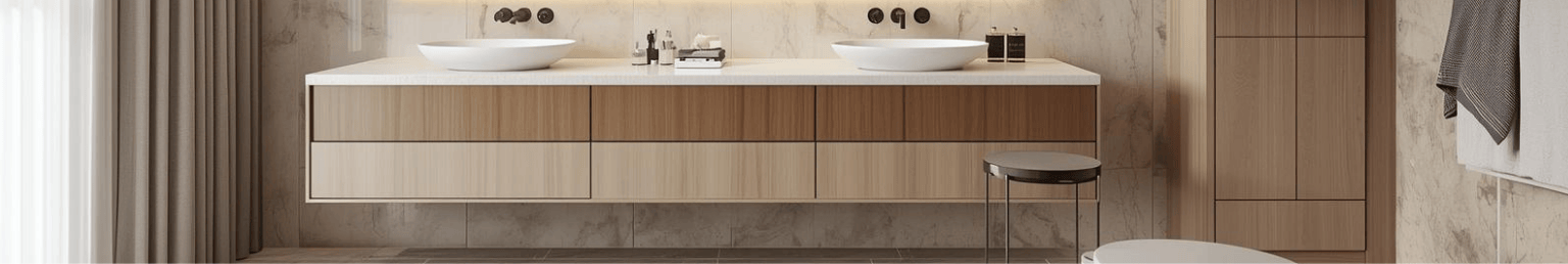 Bathroom furniture banner with vanity, mirror and storage cabinet