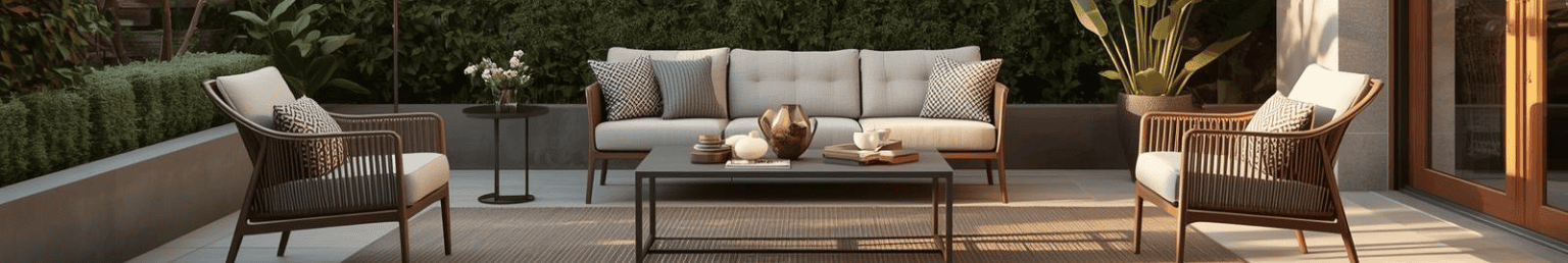Garden furniture banner with outdoor chairs and patio table