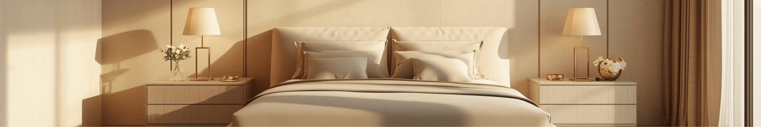 Bedroom furniture collection banner with modern bed and interior decor