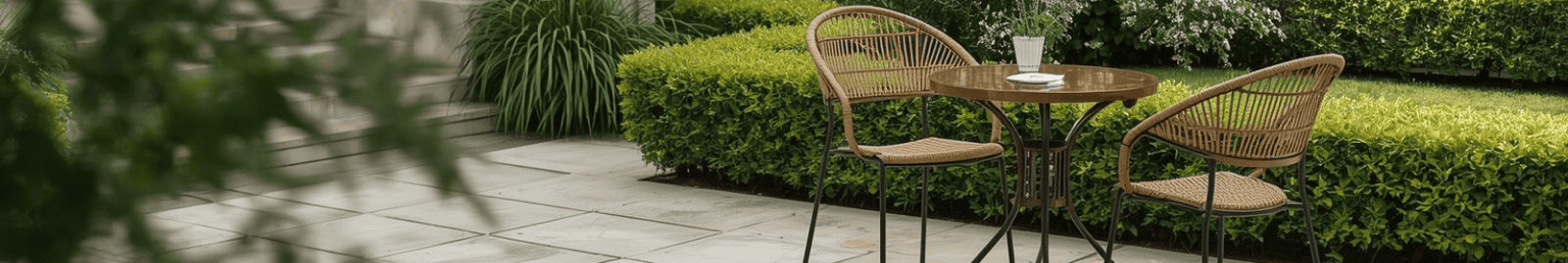 Bistro sets banner with outdoor table and chairs on a patio