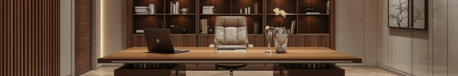 Office furniture banner with desk, chair and workspace setup