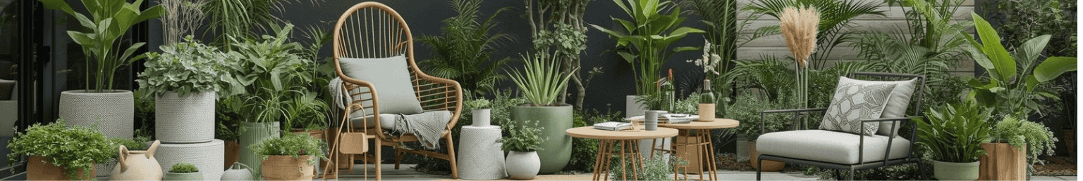 Outdoor essentials banner with planters, garden tools and accessories