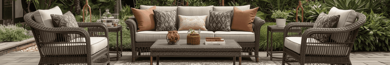 Home finishing banner with rugs, curtains and decor items