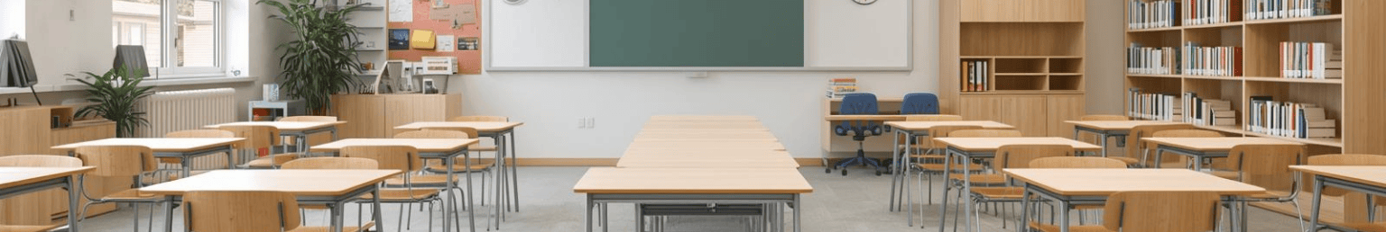 School furniture banner with classroom desks and chairs
