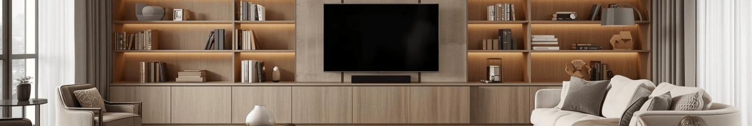 Living room shelving collection banner with modern storage shelves