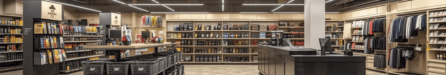 Supermarket banner with retail shelves and store equipment