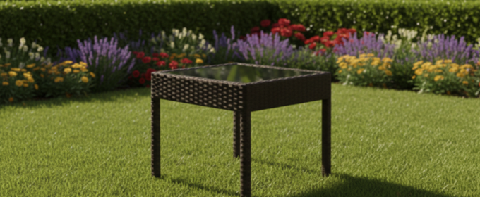 Goplus Rattan Patio Table with Transparent Glass Top