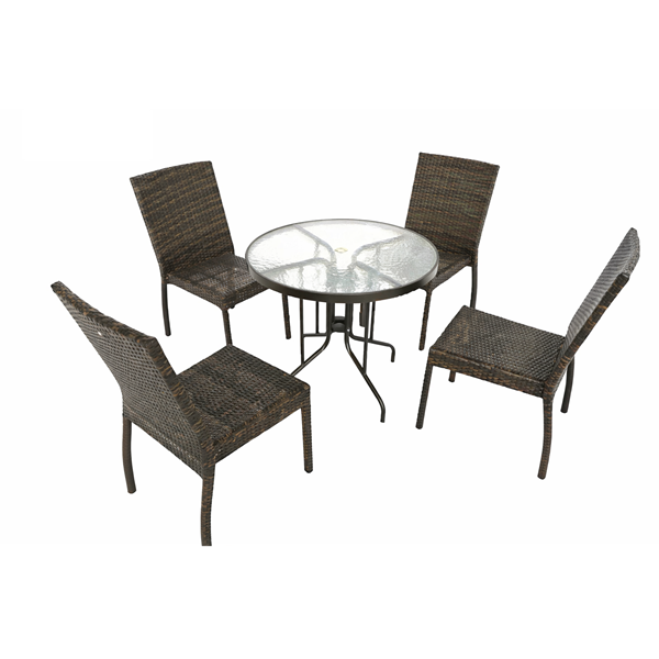 stackable rattan chairs with outdoor patio table showing space saving design for garden and balcony use