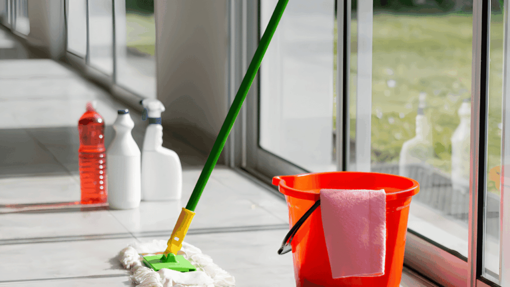 Comparison of interior and exterior window cleaning showing tools and techniques for streak-free glass cleaning