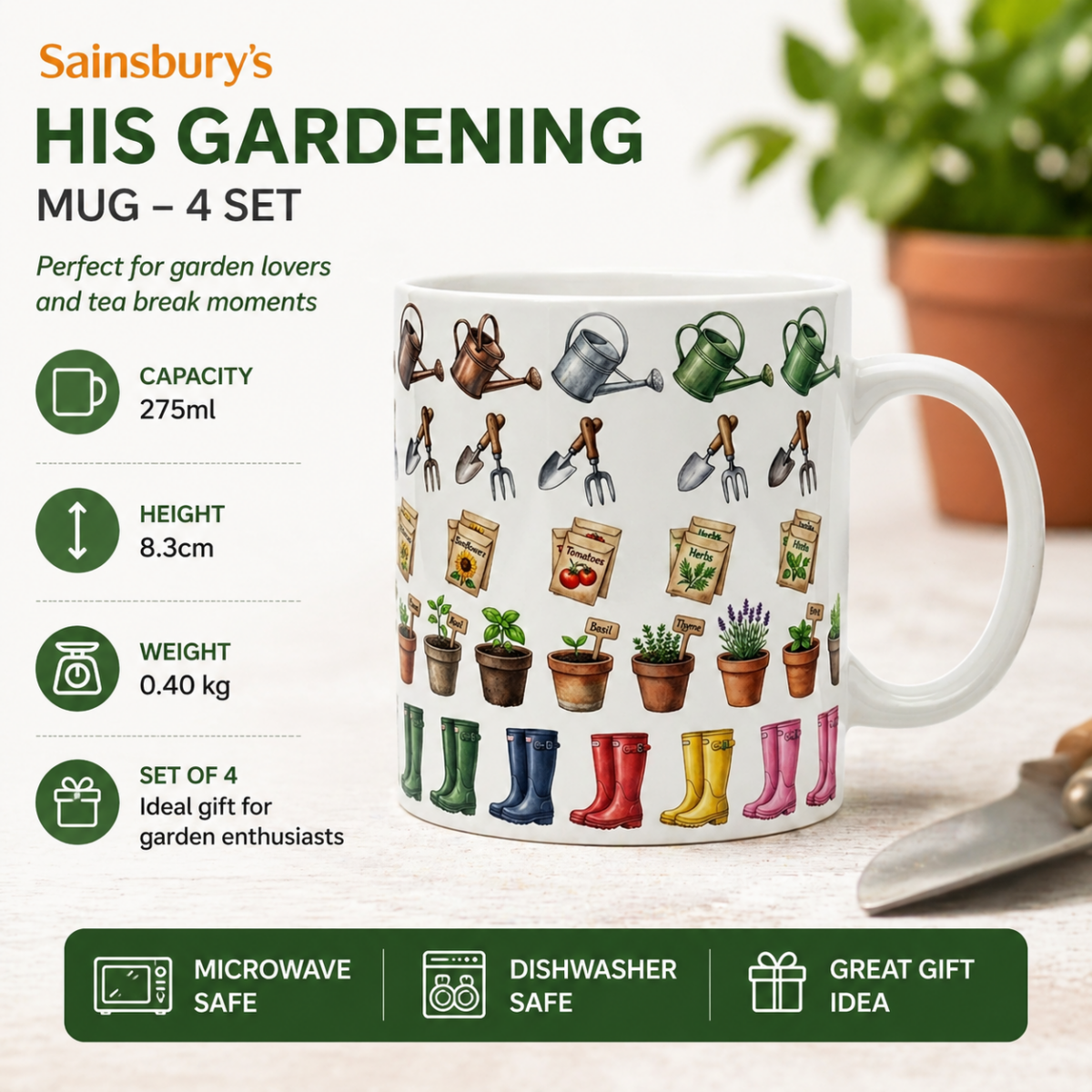 Sainsbury His Gardening Mug - 4 Set @HOG - Home, Office, Garden, Online Marketplace
