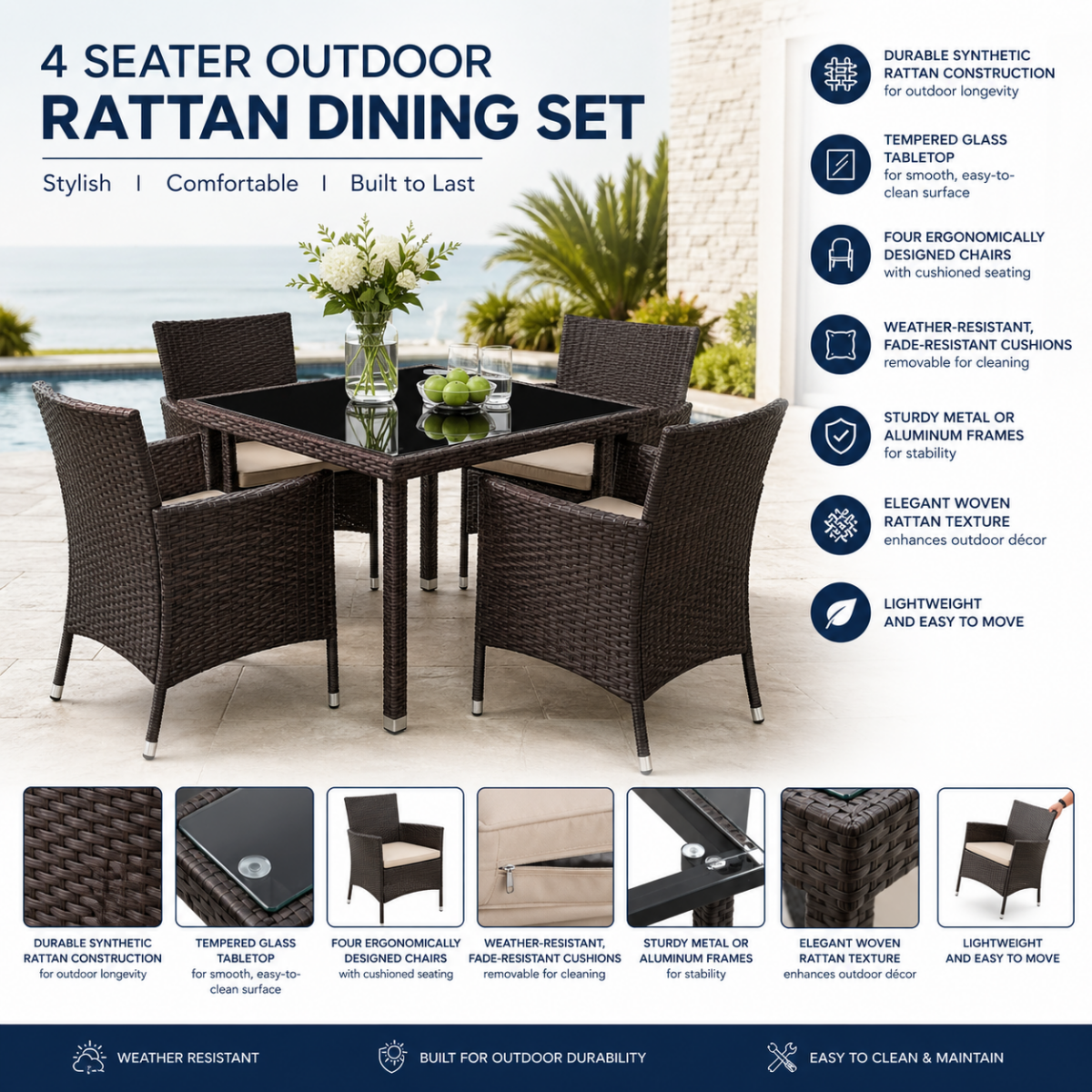Outdoor Rattan Patio Table + 4 Chairs. @HOG - Home Office Garden Online Marketplace