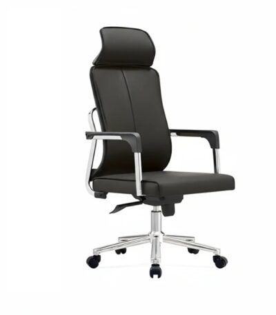 Ergonomic leather swivel office chair with headrest and chrome base for modern workspace
