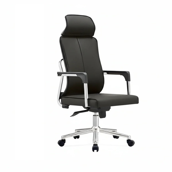 Ergonomic leather swivel office chair with headrest and chrome base for modern workspace