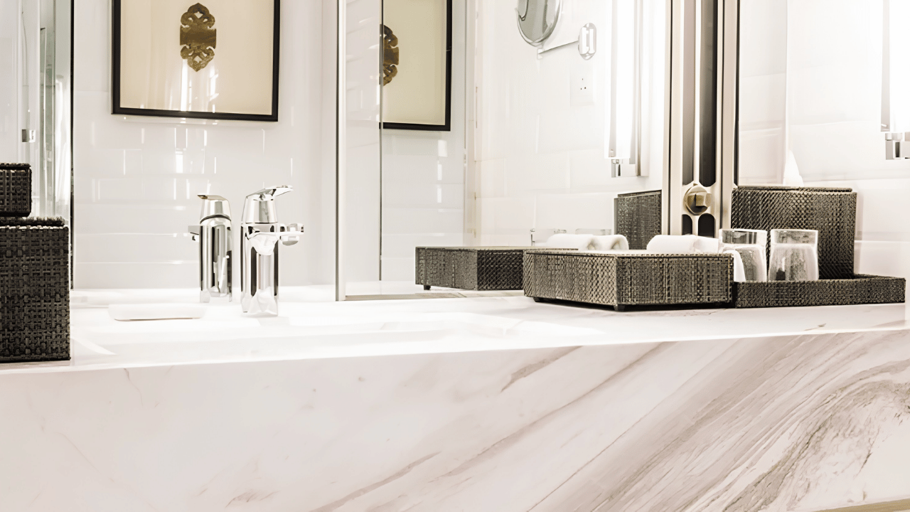 “Modern bathroom interior featuring different benchtop materials and finishes used for selecting the perfect bathroom countertop design”