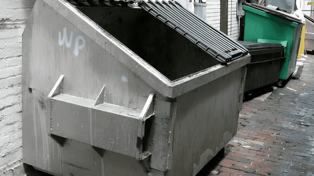 Dumpster rental service showing large waste container used for home renovation cleanup and construction debris disposal