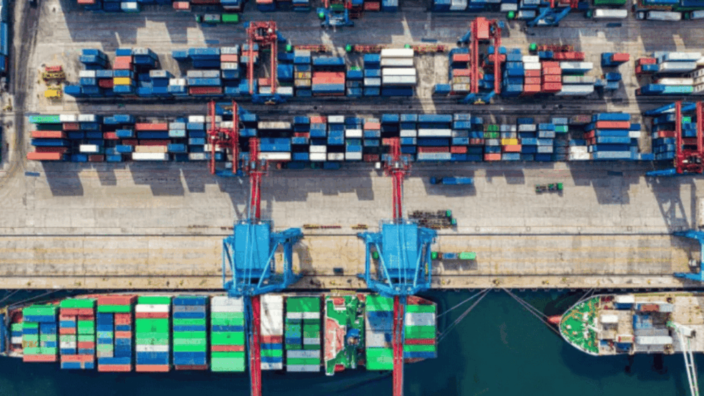 Furniture shipping container logistics from China to USA showing international freight transport process for HOG Furniture.