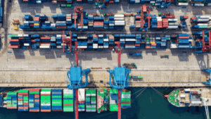 Furniture shipping container logistics from China to USA showing international freight transport process for HOG Furniture.