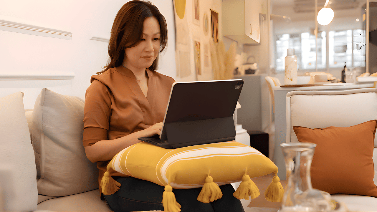 Online furniture and décor shopping concept showing a modern living space with stylish home furniture and interior décor items available for purchase.