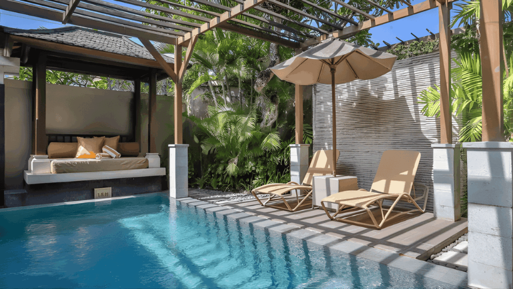 Stylish outdoor furniture arrangement in a single-storey home garden area featuring comfortable seating and modern outdoor décor.
