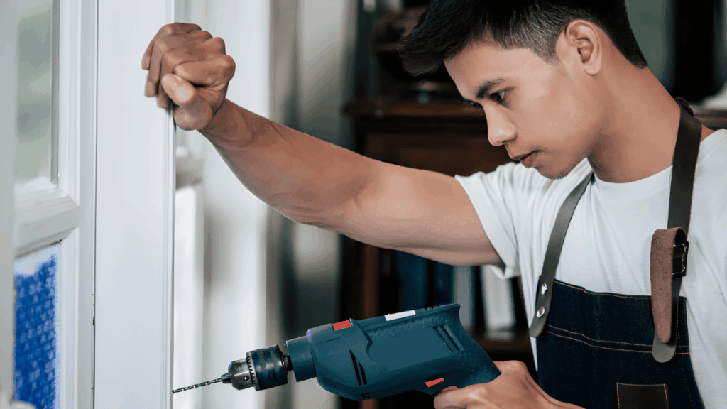 Comparison of DIY lock repair and professional locksmith services showing tools, door lock mechanism, and home security maintenance