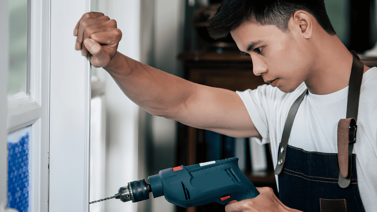 Comparison of DIY lock repair and professional locksmith services showing tools, door lock mechanism, and home security maintenance