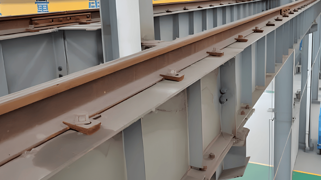 Heavy-duty crane rail welding process showing industrial engineering techniques for strong and precise rail installation