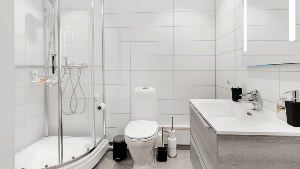 Modern bathroom interior design showcasing clean fixtures, elegant finishes, and comfort-focused home improvement features
