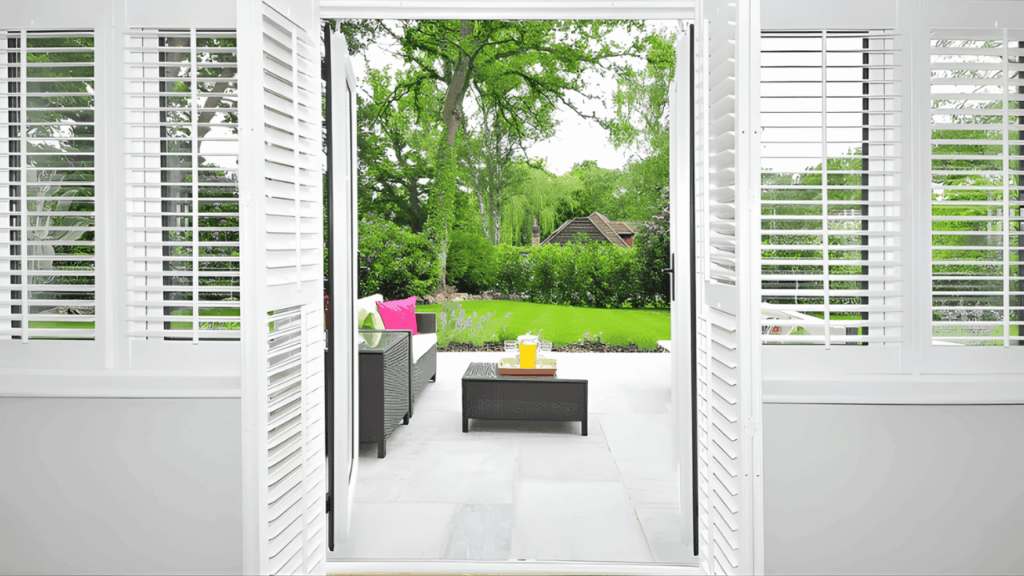Stylish outdoor patio with modern blinds creating a shaded and cozy balcony space
