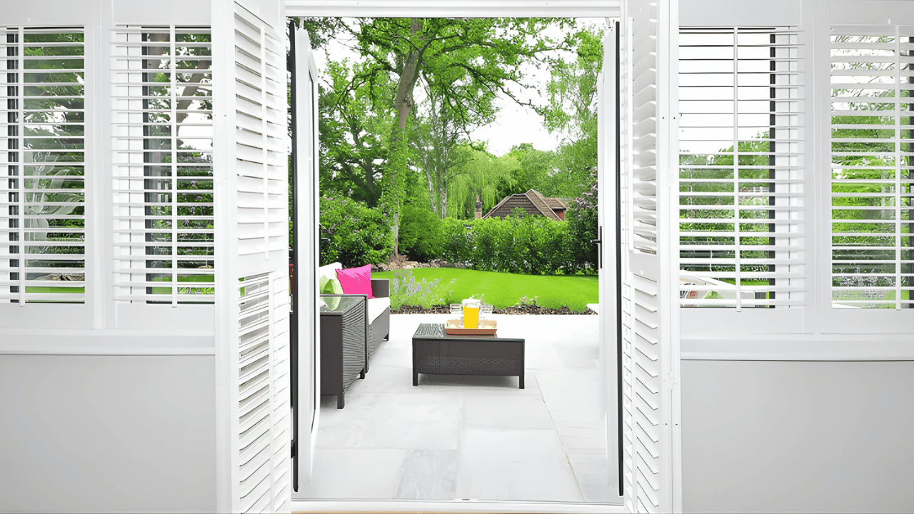 Stylish outdoor patio with modern blinds creating a shaded and cozy balcony space