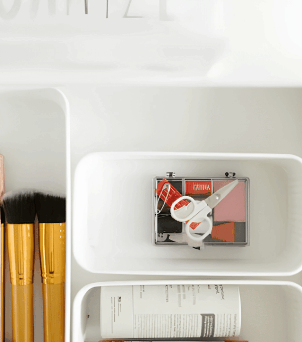 Organized makeup collection displayed as a stylish interior design feature with beauty products arranged for aesthetic room décor