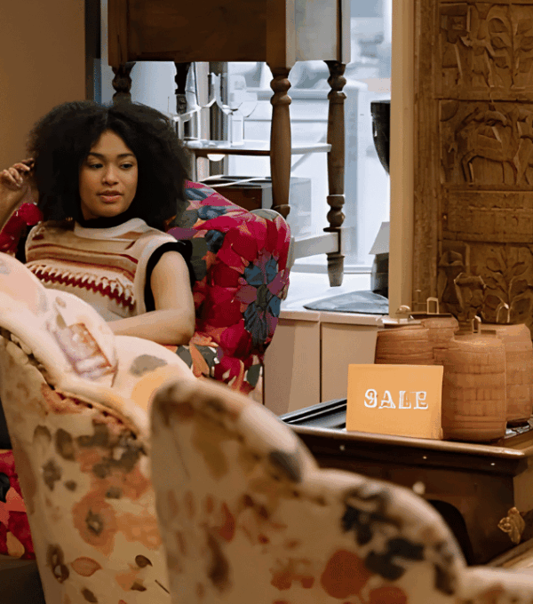 Comparison of online and in-store furniture shopping, highlighting sofas as a key living room seating category.