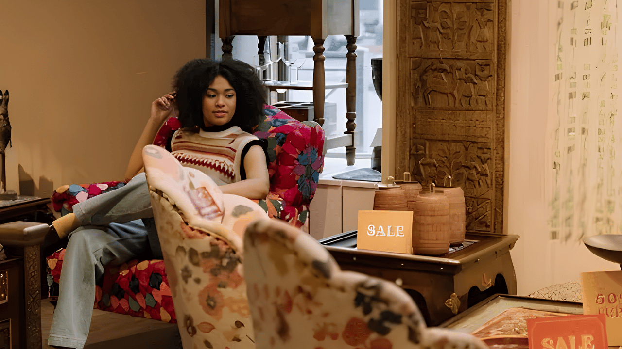 Comparison of online and in-store furniture shopping, highlighting sofas as a key living room seating category.