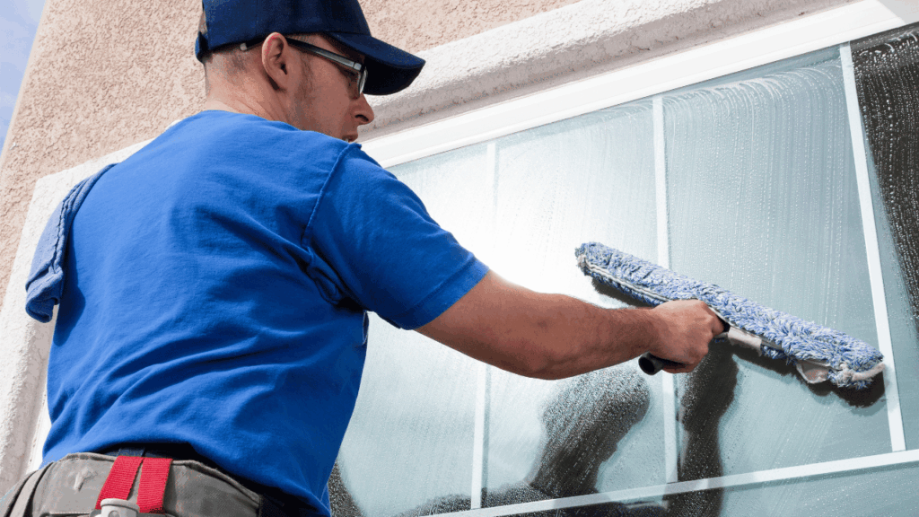 Exterior and interior window cleaning techniques being used to achieve streak-free, spotless glass surfaces.