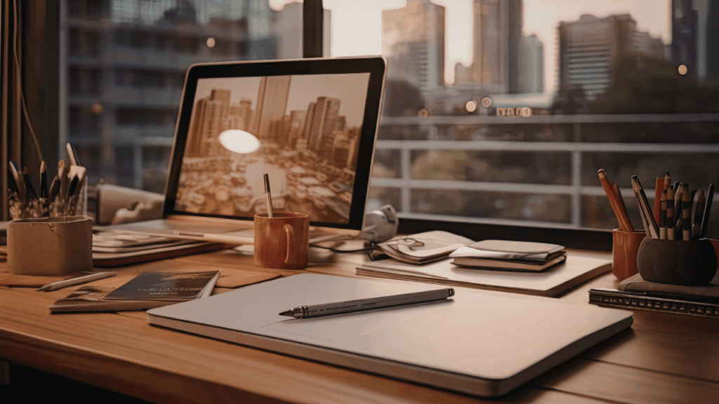 Modern home workspace setup designed to boost productivity, featuring an organized desk, ergonomic furniture, and clean interior design.