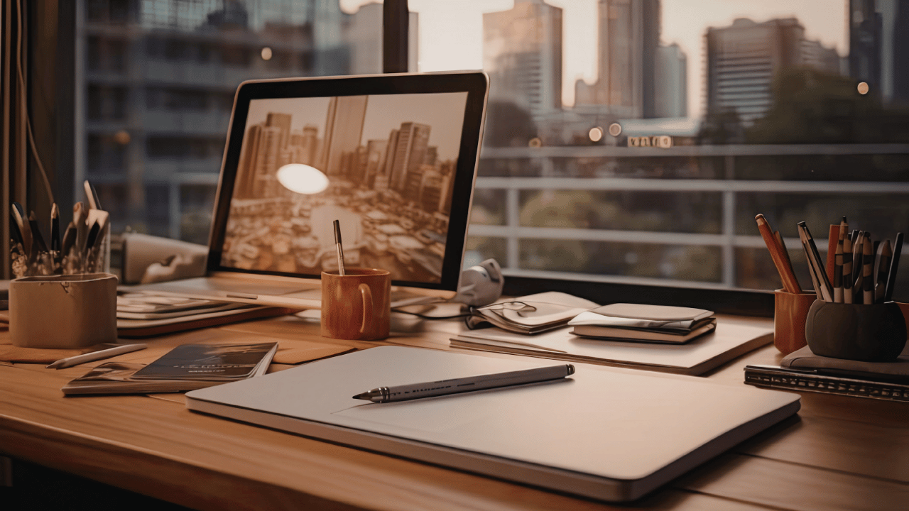 Modern home workspace setup designed to boost productivity, featuring an organized desk, ergonomic furniture, and clean interior design.