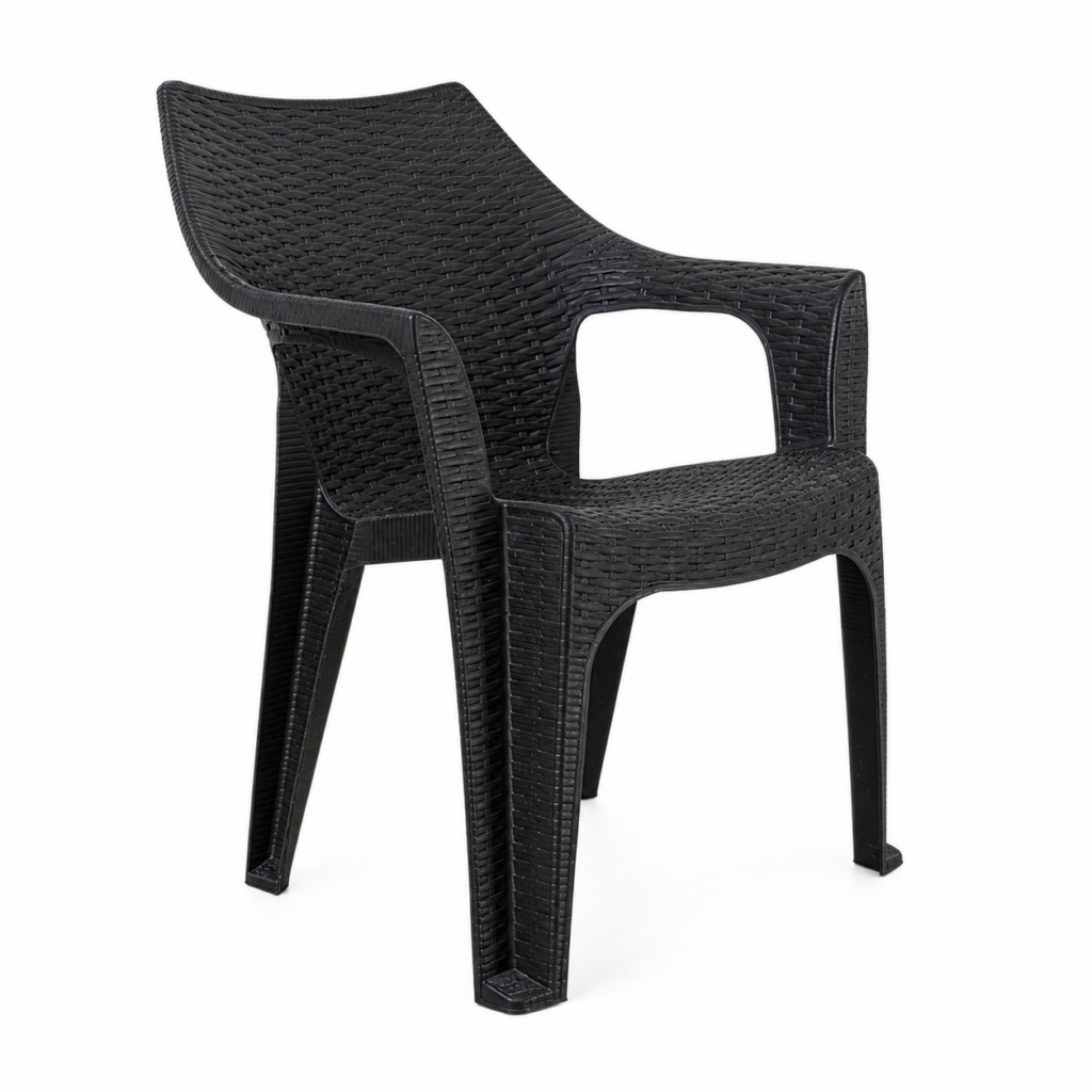 Mimi Plastic Chair in black rattan-effect finish with armrests for indoor and outdoor seating – HOG Home Office Garden