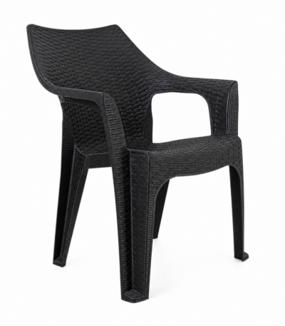 Mimi Plastic Chair in black rattan-effect finish with armrests for indoor and outdoor seating – HOG Home Office Garden