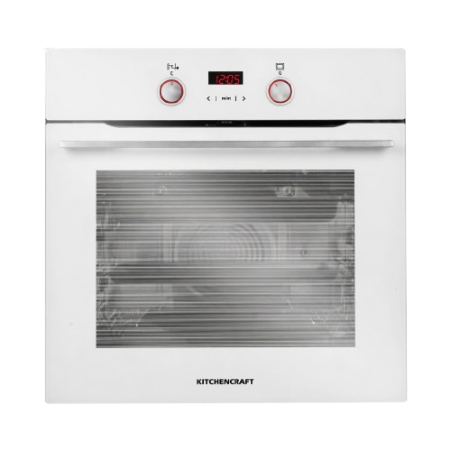 60cm white built-in electric oven with modern digital control panel and sleek minimalist kitchen appliance design