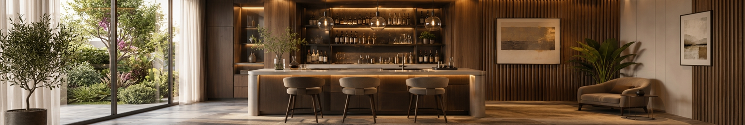 Modern luxury home bar set with wooden cabinetry bar stools ambient lighting and contemporary interior styling