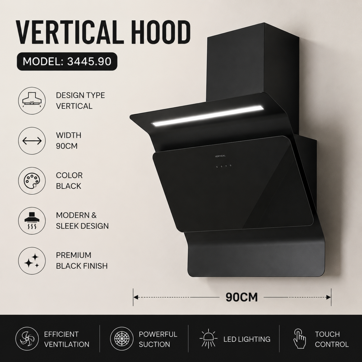 90cm Vertical Hood Black 3445.90 @HOG - Home, Office, Garden, Online Marketplace