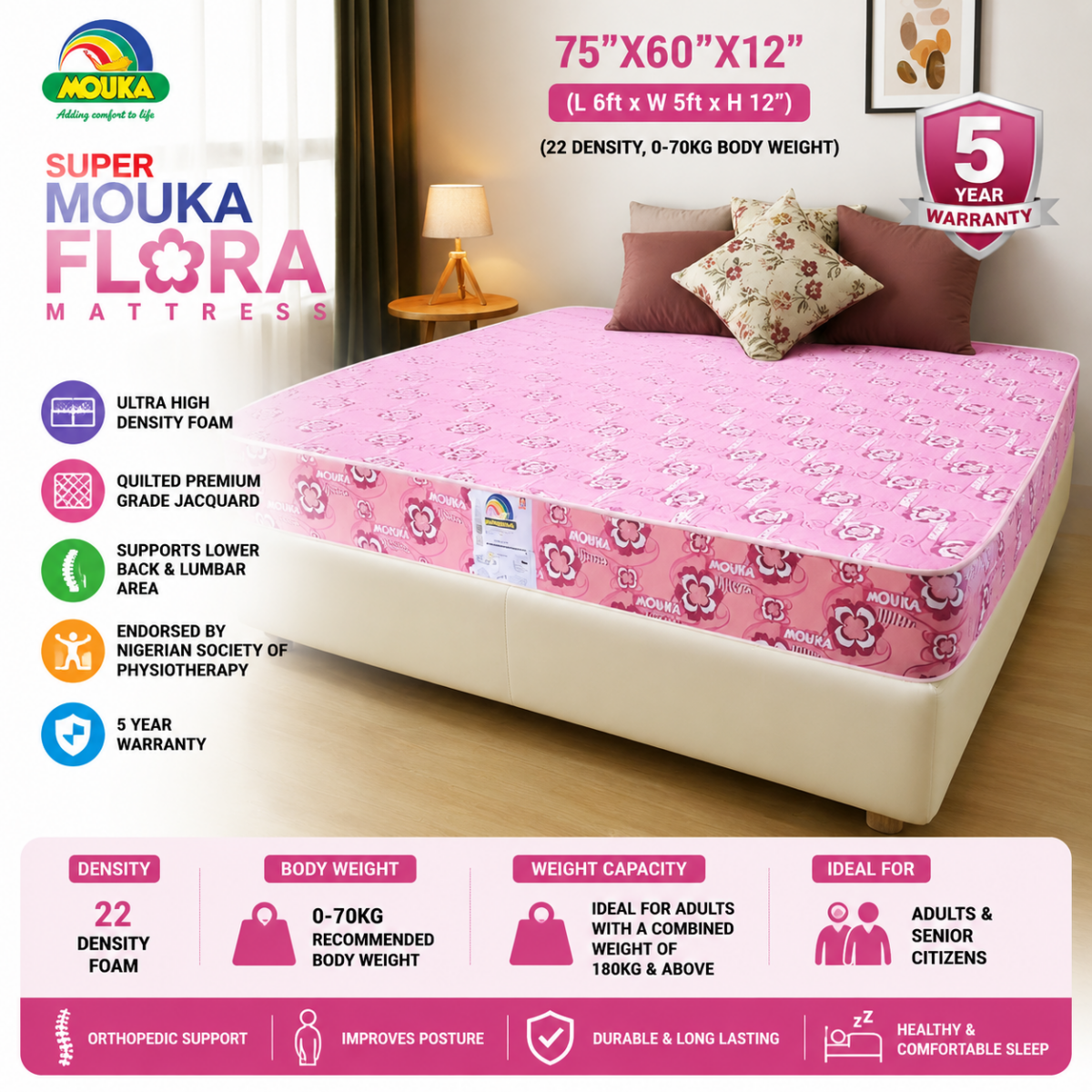 Super Flora-758418 Mouka Mattress- L 6ft x W 5ft x H 12" (Lagos Only). Home Office Garden | HOG-HomeOfficeGarden | online marketplace