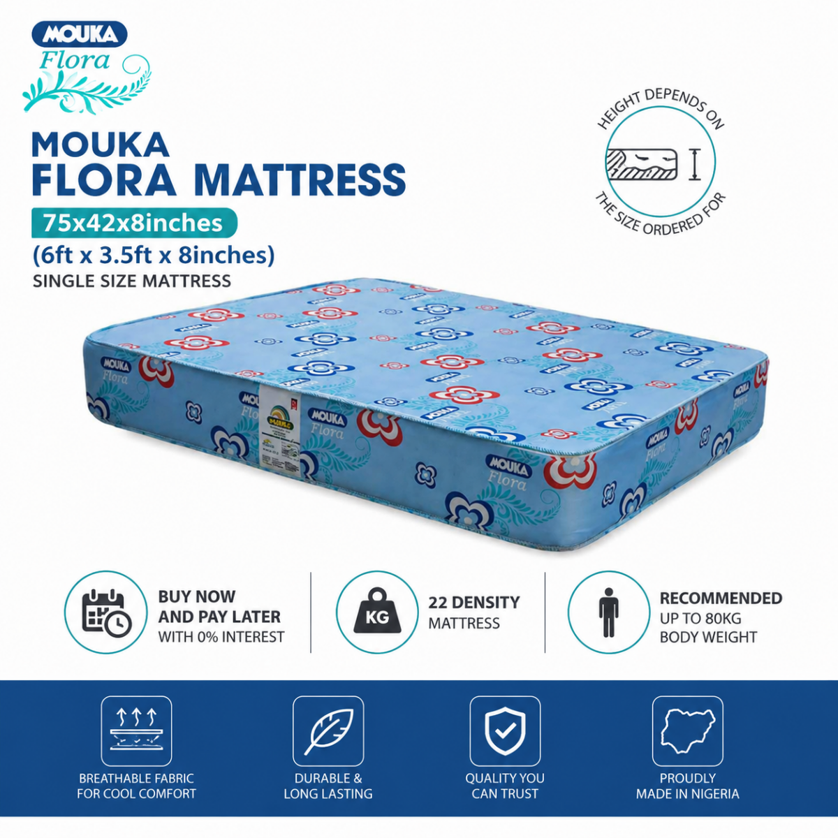 Flora Mouka Mattress 75x48x8inches (6ft x 4ft x 8inches) One Adult (Lagos Only) @HOG - Home Office Garden Online Marketplace