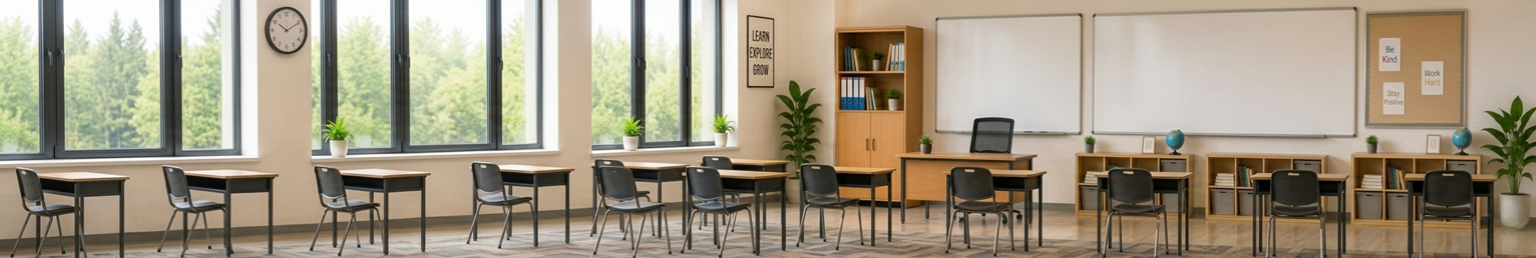 Modern classroom furniture featuring student desks, classroom chairs, teacher workstation, whiteboard, and storage cabinet in a bright learning environment