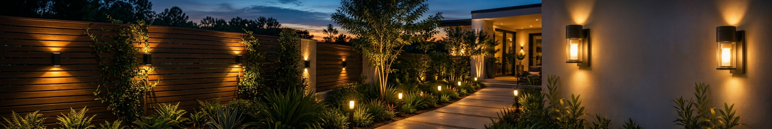 Modern outdoor garden lighting and illuminated pathway creating a cozy evening exterior ambiance